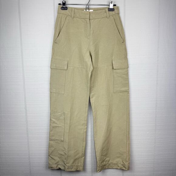 H&M Lightweight Linen Blend Cargo Pants Straight Leg Sage Green Pockets Size 2 - Picture 1 of 4